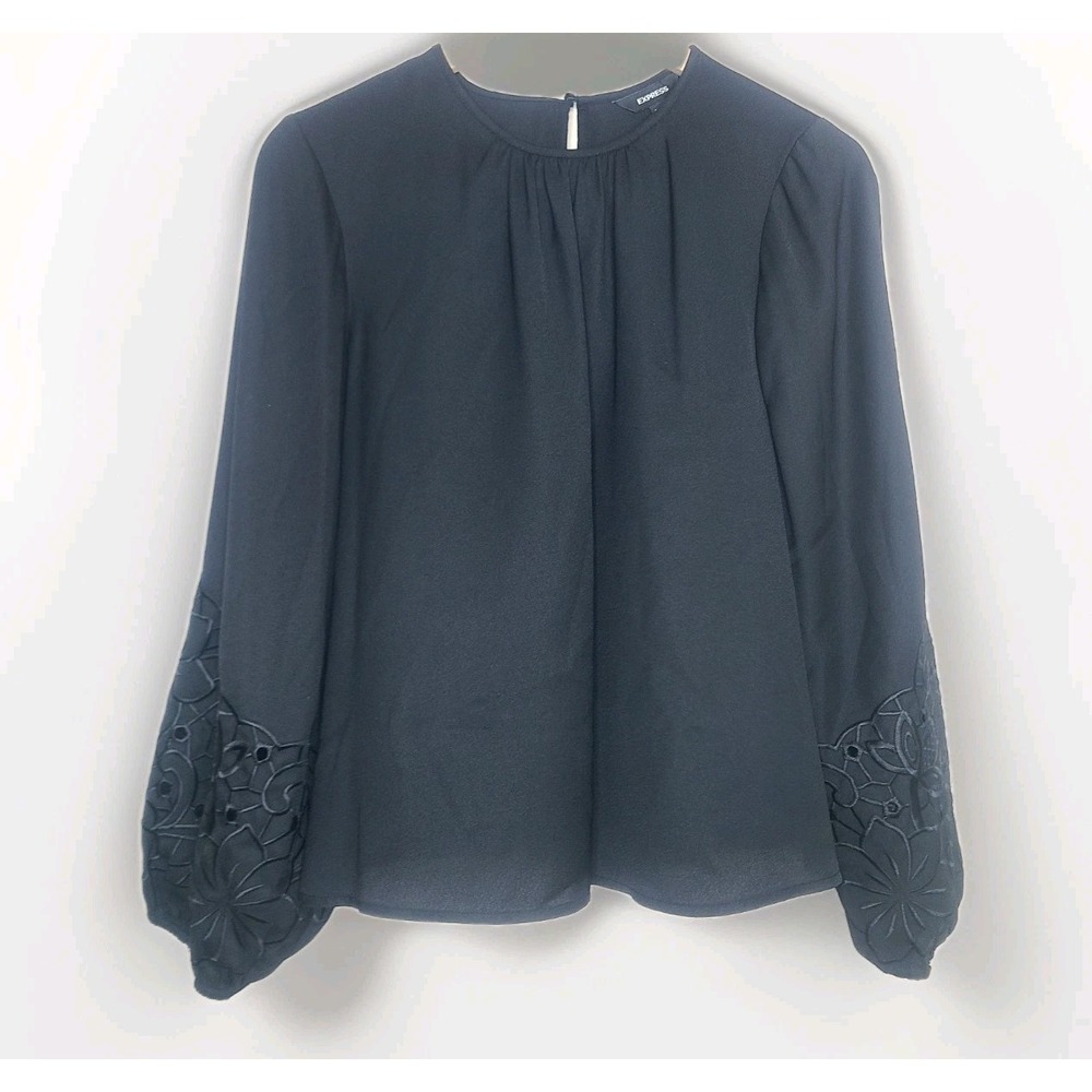 Express Black Balloon Sleeve Top Medium Women's Embroidered Floral Sleeve Boho